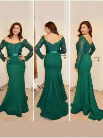 Trumpet Mermaid Off-the-Shoulder Long Sleeves Floor-Length Satin Dresses with Applique