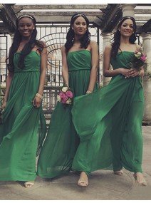 A Line Strapless Pleated Ankle Length Green Bridesmaid Dress with Ruffles