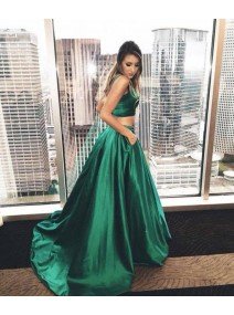 Green Satin Two Pieces Long Prom Dress/Green Evening Dress